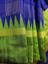 Silk Mark Certified Royal Blue Pure Raw Silk Ganga-Yamuna saree in pure raw silk with ganga-yamuna border with temple detail — Kaash Collection