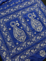 Royal Blue with White Kantha hand Kantha stitch saree on Bangalori silk — Kaash Collection