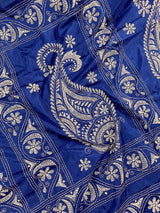 Royal Blue with White Kantha hand Kantha stitch saree on Bangalori silk — Kaash Collection