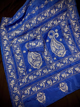 Royal Blue with White Kantha hand Kantha stitch saree on Bangalori silk — Kaash Collection