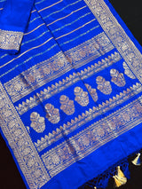 Royal Blue Banarasi saree in pure katan with copper & silver zari stripes with floral buttas pallu — Kaash Collection