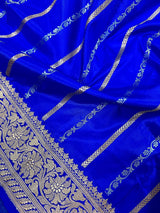 Royal Blue Banarasi saree in pure katan with copper & silver zari stripes with floral buttas pallu — Kaash Collection