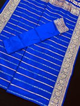 Royal Blue Banarasi saree in pure katan with copper & silver zari stripes with floral buttas pallu — Kaash Collection