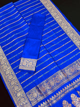 Royal Blue Banarasi saree in pure katan with copper & silver zari stripes with floral buttas pallu — Kaash Collection