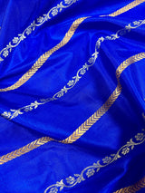 Royal Blue Banarasi saree in pure katan with copper & silver zari stripes with floral buttas pallu — Kaash Collection