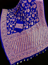 Royal Blue Color Pure Khaddi Georgette Banarasi Silk Saree with Antique Copper Zari Weave – Front View – Kaash Collection
