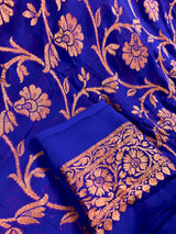 Royal Blue Color Pure Khaddi Georgette Banarasi Silk Saree with Antique Copper Zari Weave – Style View – Kaash Collection
