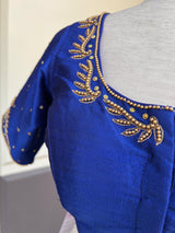 Royal Blue Raw Silk ready-to-wear blouse with handwork in beads & zircon — Kaash Collection