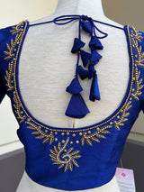 Royal Blue Raw Silk ready-to-wear blouse with handwork in beads & zircon — Kaash Collection