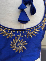 Royal Blue Raw Silk ready-to-wear blouse with handwork in beads & zircon — Kaash Collection