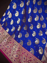 Royal Blue & Dark Pink Banarasi saree in banarasi silk (non-pure) with muted gold zari with meenakari buttis — Kaash Collection