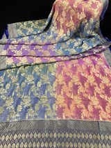 Royal Blue with Multi Color Pure Khaddi Georgette Banarasi Silk Saree with Sliver Zari Weaving | SILK MARK CERTIFIED - Kaash