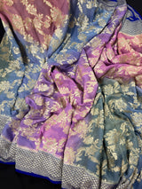 Royal Blue with Multi Color Pure Khaddi Georgette Banarasi Silk Saree with Sliver Zari Weaving | SILK MARK CERTIFIED - Kaash