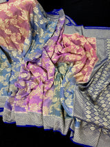 Royal Blue with Multi Color Pure Khaddi Georgette Banarasi Silk Saree with Sliver Zari Weaving | SILK MARK CERTIFIED - Kaash