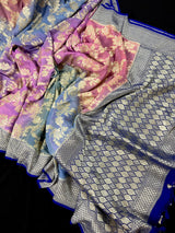 Royal Blue with Multi Color Pure Khaddi Georgette Banarasi Silk Saree with Sliver Zari Weaving | SILK MARK CERTIFIED - Kaash