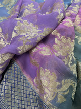 Royal Blue with Multi Color Pure Khaddi Georgette Banarasi Silk Saree with Sliver Zari Weaving | SILK MARK CERTIFIED - Kaash