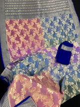 Royal Blue with Multi Color Pure Khaddi Georgette Banarasi Silk Saree with Sliver Zari Weaving | SILK MARK CERTIFIED - Kaash