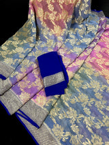 Royal Blue with Multi Color Pure Khaddi Georgette Banarasi Silk Saree with Sliver Zari Weaving | SILK MARK CERTIFIED - Kaash