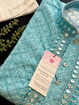 Sea Blue Color Chikankari Embroidery Kurta for Men - Kaash