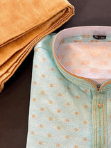 Sea Blue Color Jute Silk Kurta Pajama Set for Men - Self Embroidery and Zari Work - Wedding Kurta for Men - Indian Outfit in Green Colo - Kaash