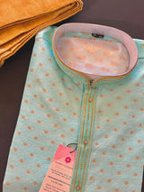 Sea Blue Color Jute Silk Kurta Pajama Set for Men - Self Embroidery and Zari Work - Wedding Kurta for Men - Indian Outfit in Green Colo - Kaash