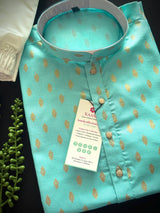 Sea Blue men's kurta pajama in pure cotton with small gold buttis on cotton — Kaash Collection