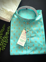 Sea Blue men's kurta pajama in pure cotton with small gold buttis on cotton — Kaash Collection