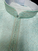 Sea Blue Silk Kurta with Self Zari Embroidery Weave | Mens Wedding and Festive Wear - Kaash