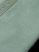 Sea Blue Silk Kurta with Self Zari Embroidery Weave | Mens Wedding and Festive Wear - Kaash