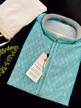 Sea Green with Blue Base men's kurta pajama in silk (non-pure) with all-over tiny sequin work — Kaash Collection