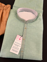 Sea Green men's kurta pajama in raw silk (non-pure) with self-weave with embroidery lace on neckline — Kaash Collection