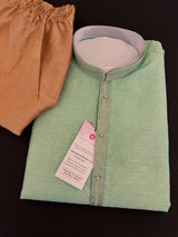 Sea Green men's kurta pajama in raw silk (non-pure) with self-weave with embroidery lace on neckline — Kaash Collection