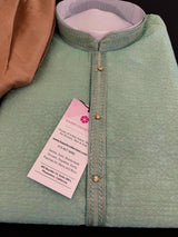 Sea Green men's kurta pajama in raw silk (non-pure) with self-weave with embroidery lace on neckline — Kaash Collection