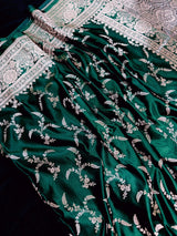 Semi Pure Dark Green Soft Mashru Silk handloom Saree with Muted Gold Banarasi Border and Pallu - Banarasi Mashru Silk Saree - Kaash
