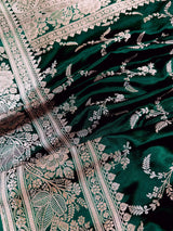 Semi Pure Dark Green Soft Mashru Silk handloom Saree with Muted Gold Banarasi Border and Pallu - Banarasi Mashru Silk Saree - Kaash