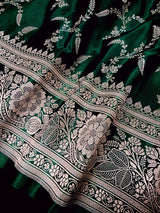 Semi Pure Dark Green Soft Mashru Silk handloom Saree with Muted Gold Banarasi Border and Pallu - Banarasi Mashru Silk Saree - Kaash