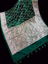 Semi Pure Dark Green Soft Mashru Silk handloom Saree with Muted Gold Banarasi Border and Pallu - Banarasi Mashru Silk Saree - Kaash