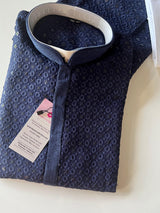 Sequin Chikhenkari Kurta Pajama Set in Dark Blue | Designer Wedding Mens Ethnic Wear | Wedding, Party Wear Kurta | Sequin Chikhenkari Kurta - Kaash