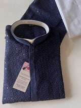 Sequin Chikhenkari Kurta Pajama Set in Dark Blue | Designer Wedding Mens Ethnic Wear | Wedding, Party Wear Kurta | Sequin Chikhenkari Kurta - Kaash