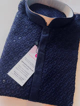 Sequin Chikhenkari Kurta Pajama Set in Dark Blue | Designer Wedding Mens Ethnic Wear | Wedding, Party Wear Kurta | Sequin Chikhenkari Kurta - Kaash