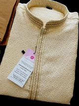 Silk Cream Gold Men Kurta Pajama with Embossed Weave Work - Kaash