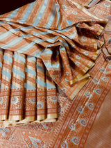 Silver & Copper Striped Banarasi saree in banarasi mashru tanchoi with mashru tanchoi with jamawar border & pallu — Kaash Collection