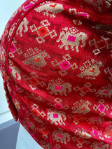 Size 36 – Red Readymade Blouse with Elephant and Peacock Motifs in Silk - Kaash