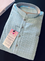 Sky Blue men's kurta pajama in georgette with lucknowi chikankari embroidery — Kaash Collection
