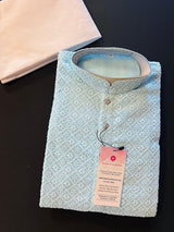 Sky Blue men's kurta pajama in georgette with lucknowi chikankari embroidery — Kaash Collection