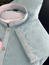 Sky Blue men's kurta pajama in premium silk blend with self-woven design with zari buttis — Kaash Collection