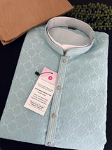 Sky Blue men's kurta pajama in premium silk blend with self-woven design with zari buttis — Kaash Collection
