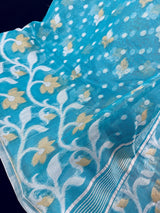 Sky Blue Color Muslin Bengali Jamdani Weaved Saree | Traditional Bengali Saree | Jamdani Saree | Kaash Collection - Kaash