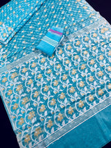 Sky Blue Color Muslin Bengali Jamdani Weaved Saree | Traditional Bengali Saree | Jamdani Saree | Kaash Collection - Kaash
