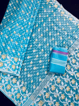 Sky Blue Color Muslin Bengali Jamdani Weaved Saree | Traditional Bengali Saree - Kaash